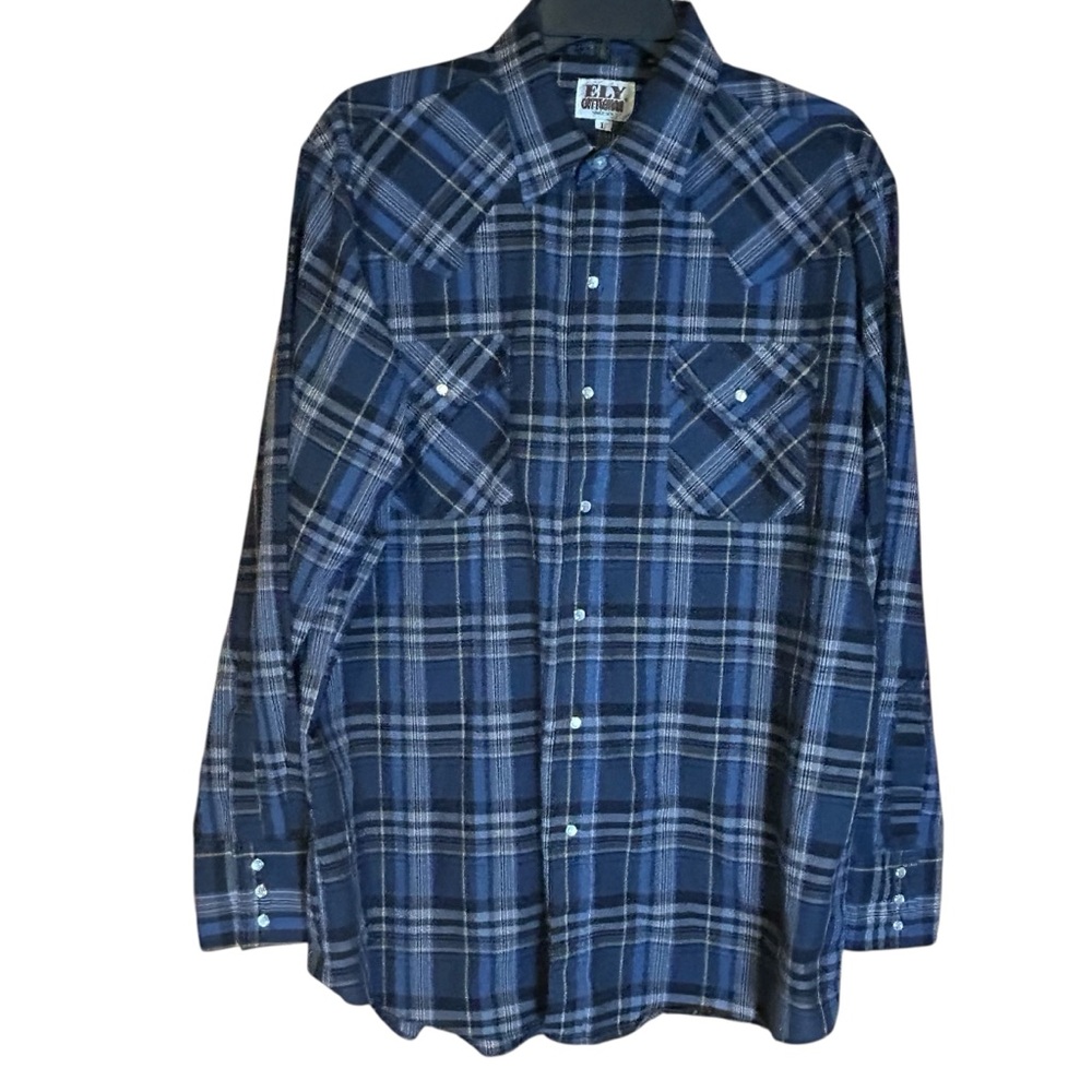 Ely Cattleman Men’s Blue Plaid Western Pearl Snap Shirt Long Sleeve Large Cowboy
